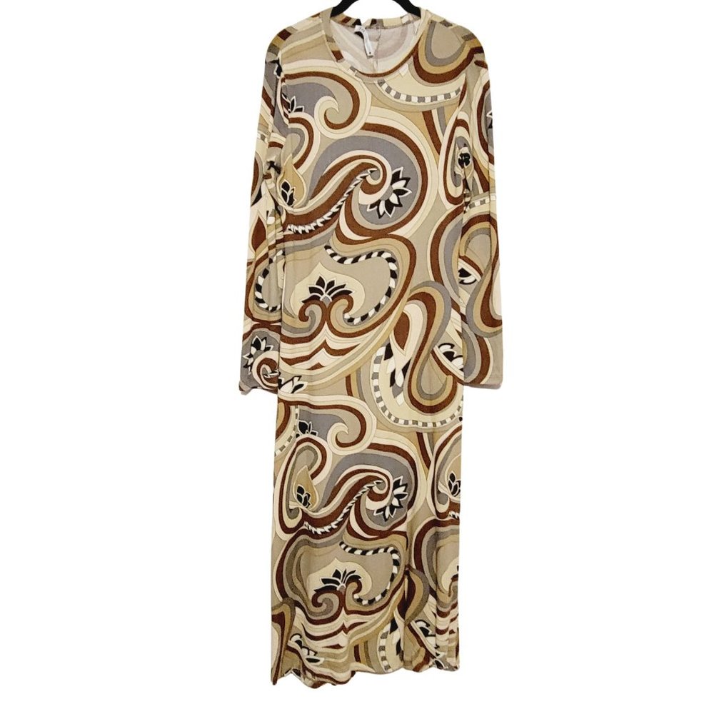 Zara Abstract Swirl Printed Maxi Bodycon Dress in Sand Women's SZ Large